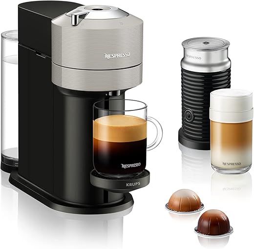 Krups Nespresso Vertuo Next & Aeroccino XN911B koffiecupmachine, Espresso, Grote koffie, Vers gezette koffie, Gran Lungo, Melk recepten, lichtgrijs