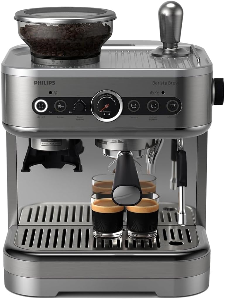 Philips Barista Brew Semi Automatische Espressomachine - Enkele & Dubbele Espresso + Americano-knop, 250g Bonenreservoir, Intuïtieve begeleiding, Gekalibreerde tamper, Zilver Metaal (PSA3218/01)