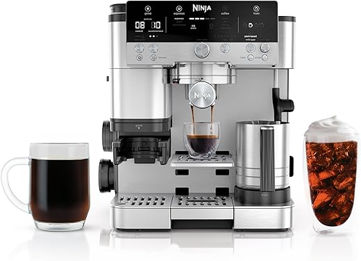 Ninja Luxury Café Premier Series Espresso Machine, Drip and Fast Cold Brewing, Integrated Grinder, Supported Operation, Hands-Free Frother for Cappuccinos and Latte