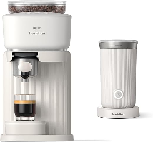 Philips Baristina Espresso Machine - Milk Frother Bundle Real Espresso, Easy Made, 16-Bar Pressure, Automatic Grinder, Cafe Crema, Milky White/Milky White Porta Filter (BAR303/00)